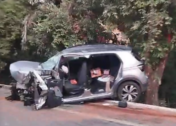 Motorista fica preso às ferragens após carro bater em árvore em São Gabriel da Palha