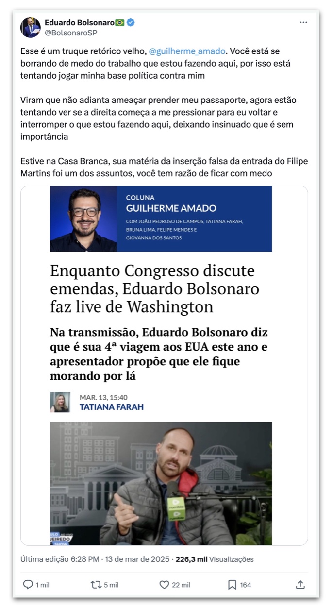 Eduardo Bolsonaro ameaça o jornalista Guilherme Amado no X. 13.mar.2025