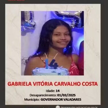 Adolescente de 14 anos desaparece após sair pra levar lixo, em Governador Valadares