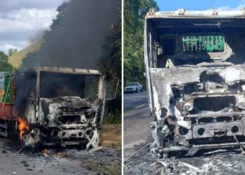 Caminhão com carga de cerveja pega fogo na ES 164 em Pancas