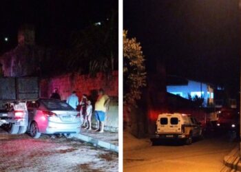 Caminhão atinge carro estacionado após bater em meio-fio em Mantena