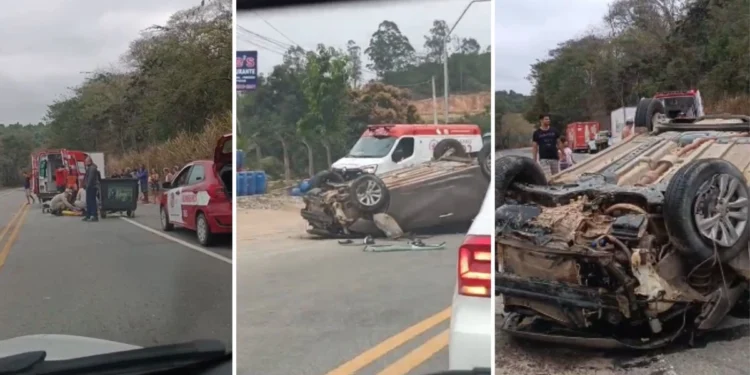 Motorista fica ferido após capotar carro na ES-080, em Colatina