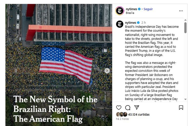 nytimes/Instagram Brasília (DF) 09/09/2025 - Post do Ny Times com bandeira dos Estados Unidos. O novo símbolo da Direita do Brasil: A bandeira americana. Foto: nytimes/Instagram