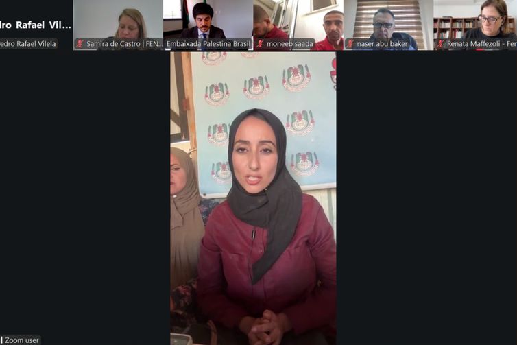Zoom/Reprodução Brasília (DF), 25/09/2025 - Reunião com jornalistas em Gaza. Repórter Ghaida Mohammad, da TV Palestina, denuncia condições precárias de profissionais e da população em Gaza. Foto: Zoom/Reprodução