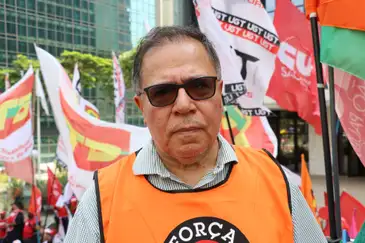 Rovena Rosa/Agência Brasil São Paulo (SP), 18/03/2025 - O secretário-geral da Força Sindical, João Carlos Gonçalves, conhecido como Juruna, participa do ato das centrais sindicais pela redução da taxa selic em frente ao prédio do Banco Central, na avenida Paulista. Foto: Rovena Rosa/Agência Brasil
