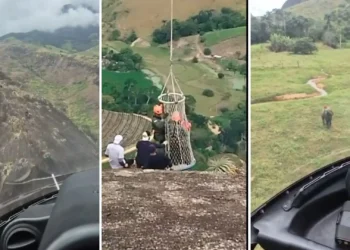 Idoso inconsciente é resgatado de topo de pedra em helicóptero em Baixo Guandu