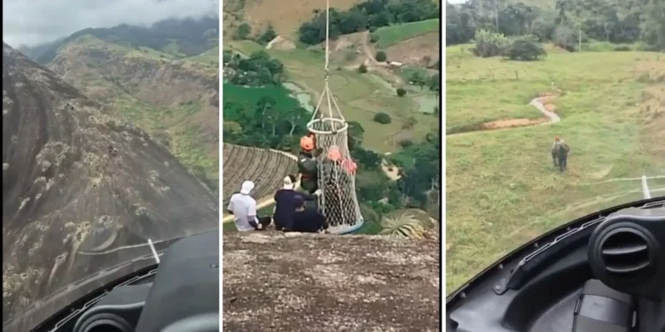 Idoso inconsciente é resgatado de topo de pedra em helicóptero em Baixo Guandu