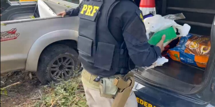 Motorista tenta fugir da PRF e abandona caminhonete carregada de maconha no cafezal