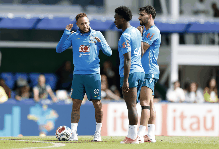 Rafael Ribeiro/CBF/Direitos Reservados Neymar, Vini Jr, Paquetá, treino, Granja Comary 2026